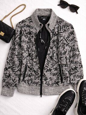 Karl Lagerfeld Paris Gray Black Logo Graffiti Zip Front Jacket Sweater Size M